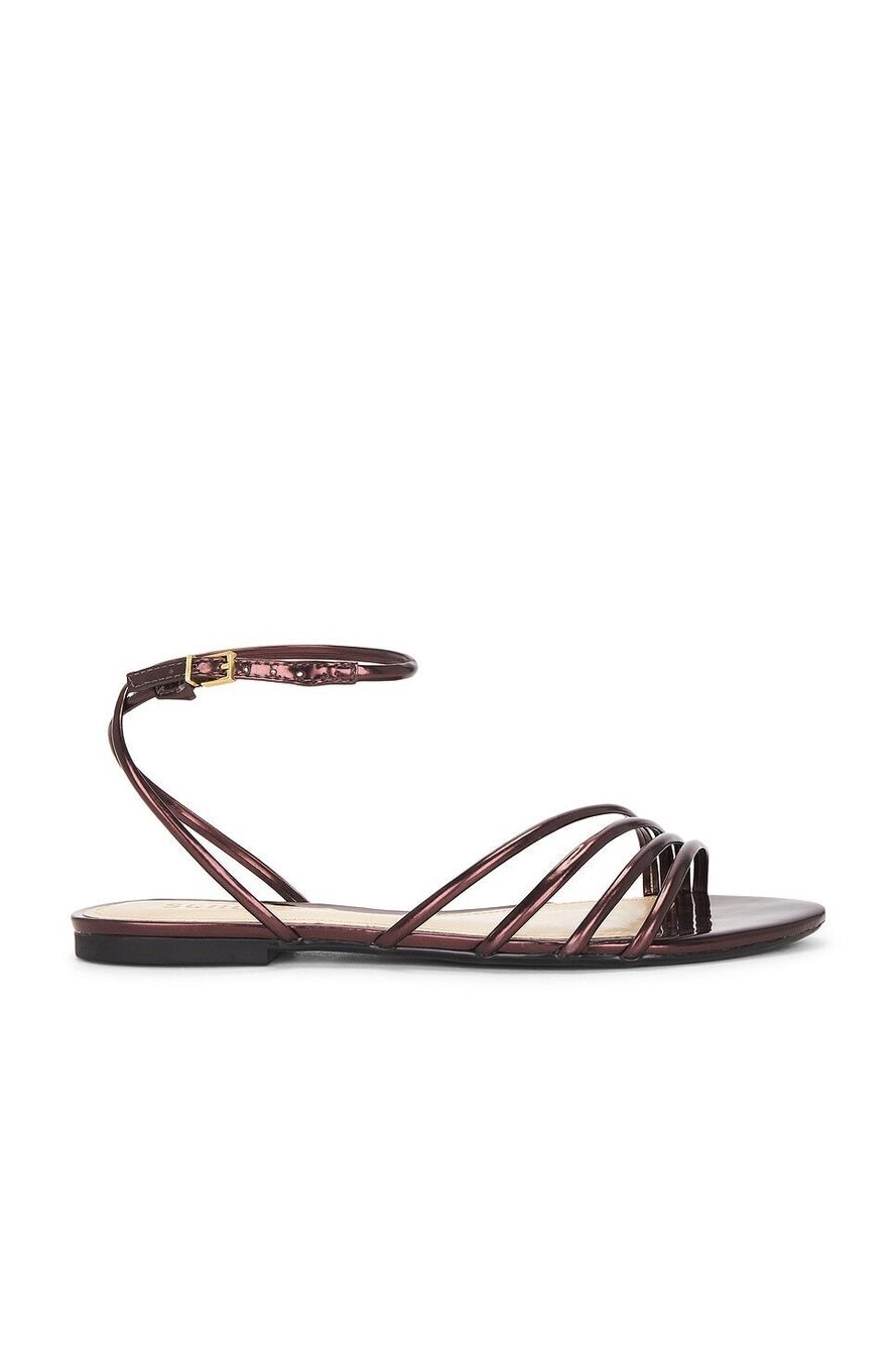 Schutz Inez Flat Sandal in Dark Brown patent leather ankle strap